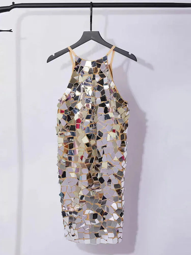 Sparkly Silver Tight Halter Mirror Look Short Party Dress